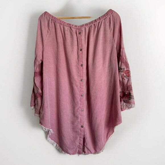 Standard Grace Womens Large Mauve Embroidered Top Boho Raw Hem Flowy 3/4 Sleeves - Picture 12 of 13